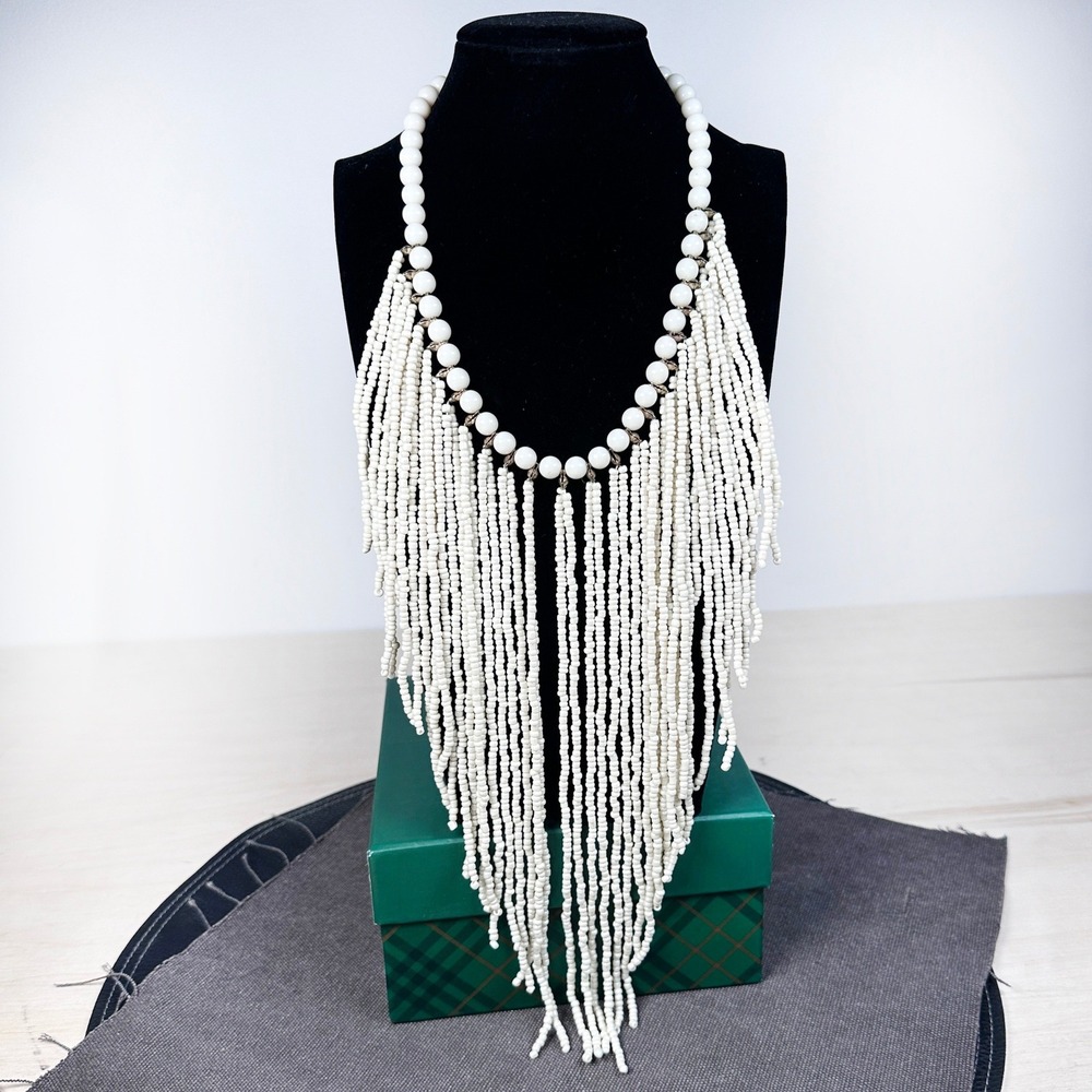 Vintage‎ White Seed Bead Choker Bib Necklace Southwestern Fringe Boho Statement